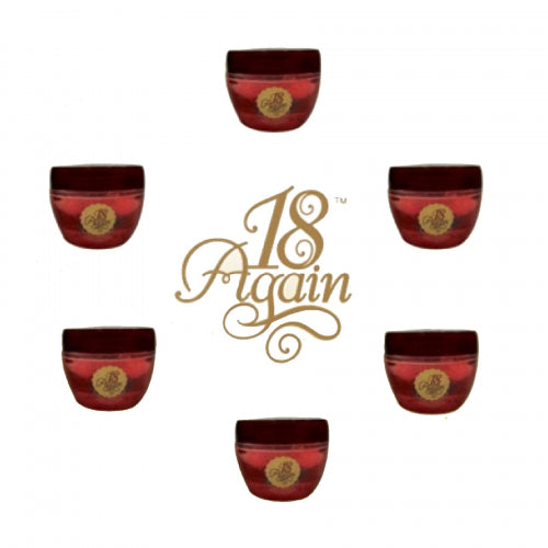 The image shows six small jars of 18 Again vaginal tightening gel arranged in a pattern around a central logo, against a white background.