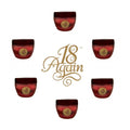 The image shows six small jars of 18 Again vaginal tightening gel arranged in a pattern around a central logo, against a white background.