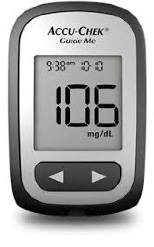 An Accu-Chek Guide Blood Glucose Monitoring System device displaying a digital readout of a blood glucose measurement.