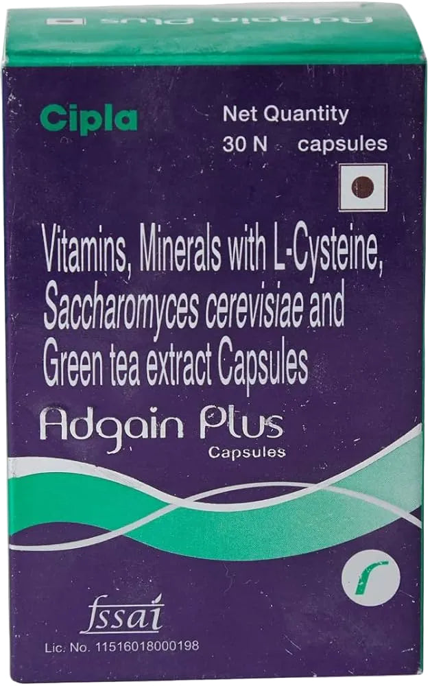 Front view of a Cipla Adgain Plus capsules box, containing 30 N capsules. The packaging is primarily dark purple with a teal-green top and bottom border, and a teal-green wavy graphic near the bottom.