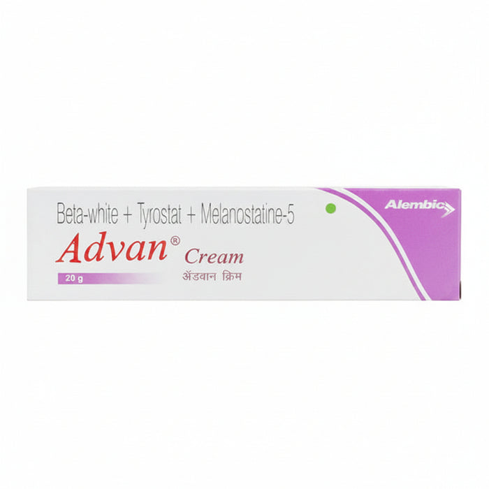 Packaging of Advan Cream by Alembic, showing the product name and key ingredients such as Beta-White, Tyrosine, and Melanostatin 5.
