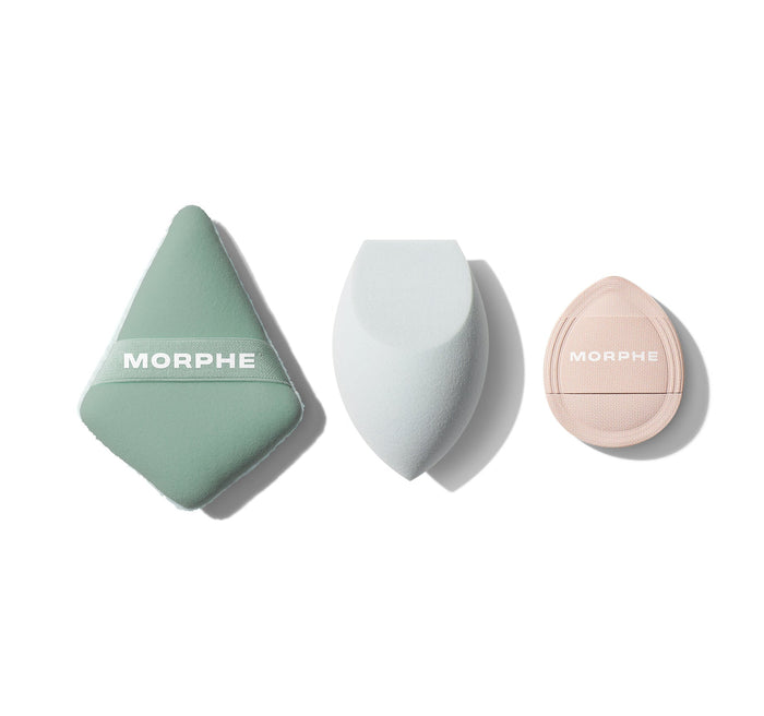 {Default Title} Morphe All Bases Covered 3-Piece Tool Set featuring a sage-green diamond puff with MORPHE band, a white cloud blending sponge, and a pink teardrop sponge with MORPHE label.