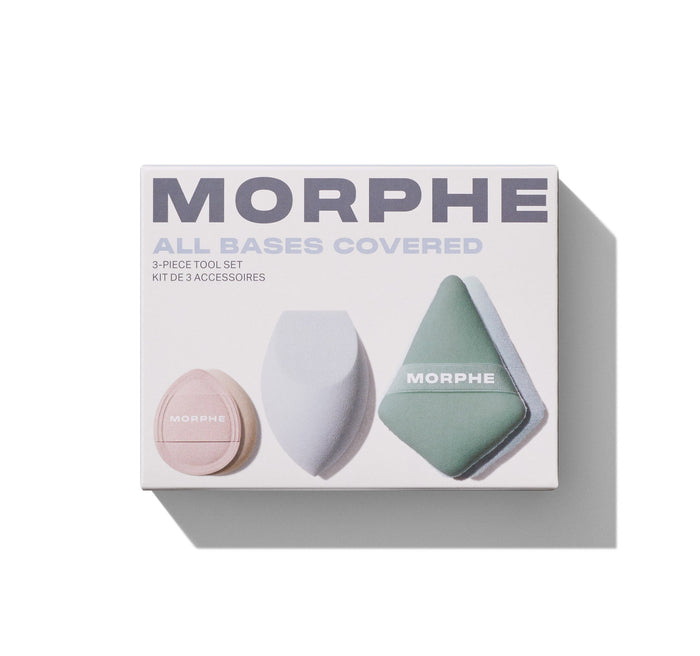 Morphe All Bases Covered 3-Piece Tool Set box reading "MORPHE ALL BASES COVERED 3-PIECE TOOL SET KIT DE 3 ACCESSOIRES" with pink puff, white oval sponge, and sage green diamond applicator labeled MORPHE.