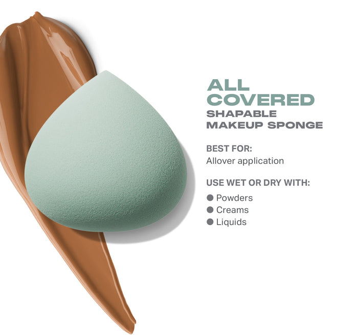 All Covered Shapable Makeup Sponge, mint teardrop sponge over a liquid foundation swatch — BEST FOR: Allover application; USE WET OR DRY WITH: Powders, Creams, Liquids.