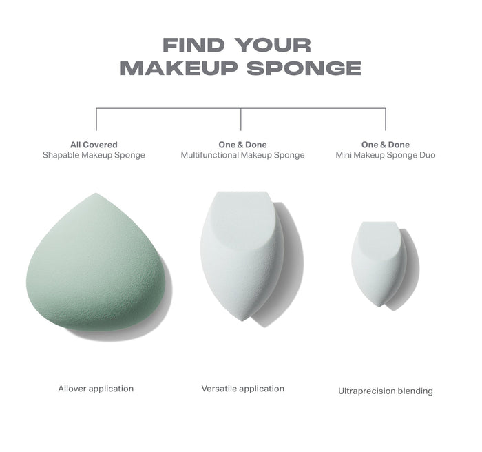 Infographic comparing three Morphe sponges — "FIND YOUR MAKEUP SPONGE" — All Covered Shapable Makeup Sponge (Allover application), One & Done Multifunctional Makeup Sponge (Versatile application), One & Done Mini Makeup Sponge Duo (Ultraprecision blending).