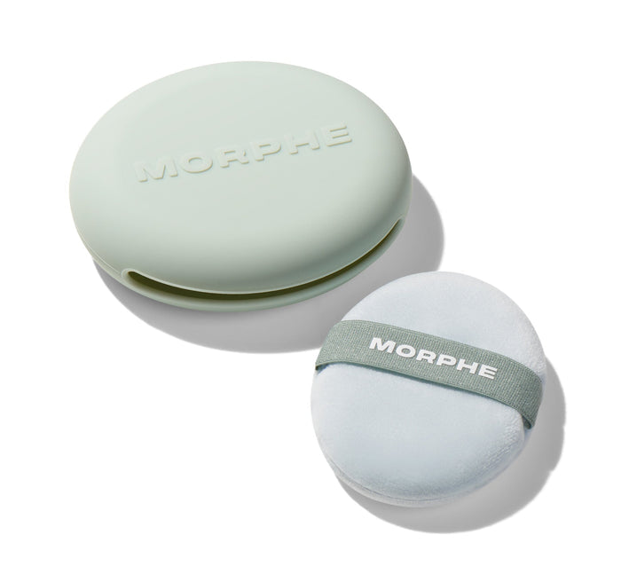Morphe All Set Touchup Powder Puff with sage green clamshell case engraved MORPHE and white puff with sage elastic band labeled MORPHE.