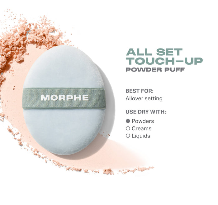 Morphe All Set Touch-Up Powder Puff with sage MORPHE band on a pale blue puff; text reads "ALL SET TOUCH-UP POWDER PUFF — BEST FOR: Allover setting — USE DRY WITH: Powders, Creams, Liquids."