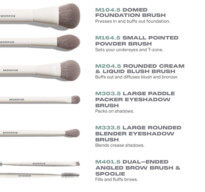 Along For The Glide 6 Piece Travel Brush Set description graphic featuring M104.5 Domed Foundation Brush, M164.5 Small Pointed Powder Brush, M204.5 Rounded Cream & Liquid Blush Brush, M303.5 Large Paddle Packer Eyeshadow Brush, M333.5 Large Rounded Blender Eyeshadow Brush, and M401.5 Dual-Ended Angled Brow Brush & Spoolie, each with cream handles and taupe bristles.