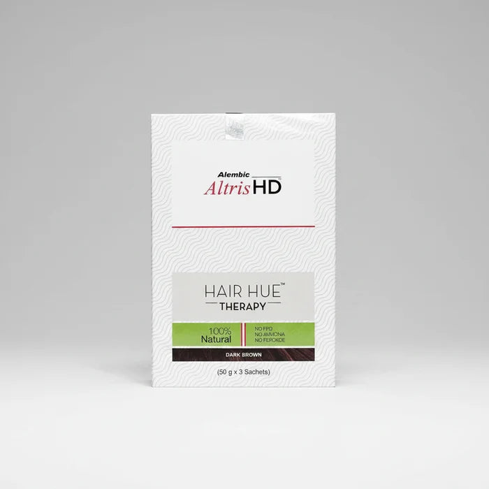 A package of Alembic Altris HD Hair Hue Therapy in Dark Brown, containing 50 g (3 sachets), shown against a plain white background.