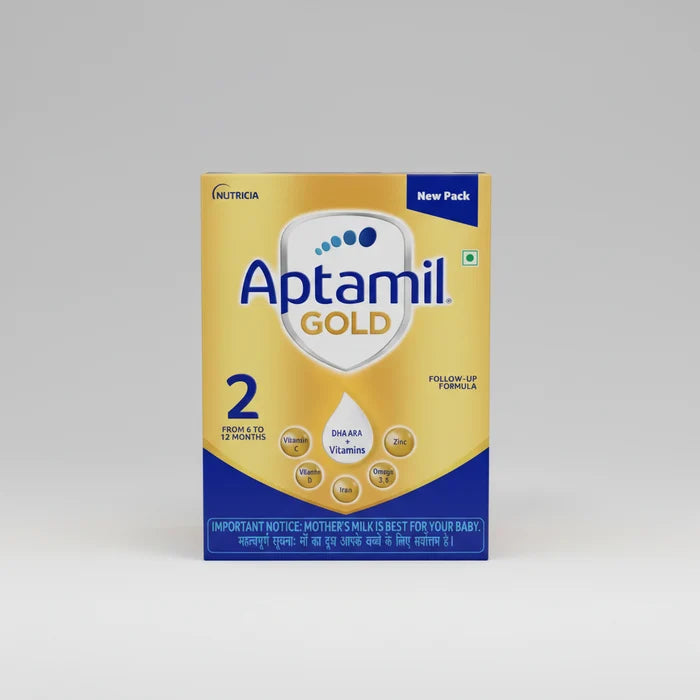 Aptamil Gold Follow-Up Formula Stage 2 powder box, 2 kg pack, featuring a yellow and blue design with white and gold accents.