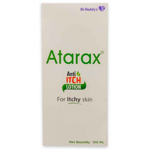 Packaging of Atarax Anti Itch Lotion, 100ml, with branding and product information.