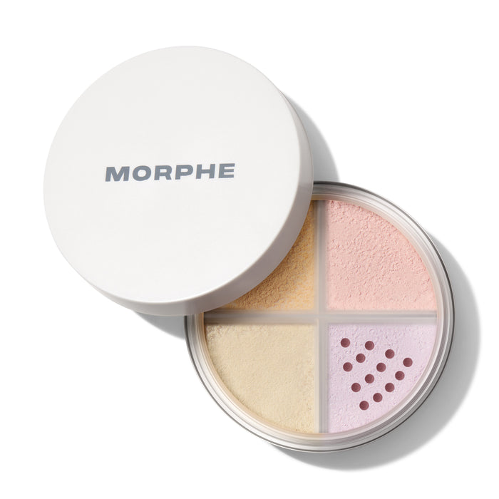 {Bright Balance} Morphe Bake & Set Loose Powder Quad: four color-correcting shades — yellow, pink, lavender, and translucent — in a round compact with sifter