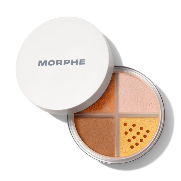 {Rich Harmony} Morphe Bake & Set Loose Powder Quad with four color-correcting shades — peach, pink, warm brown, and yellow — in a round compact with sifter