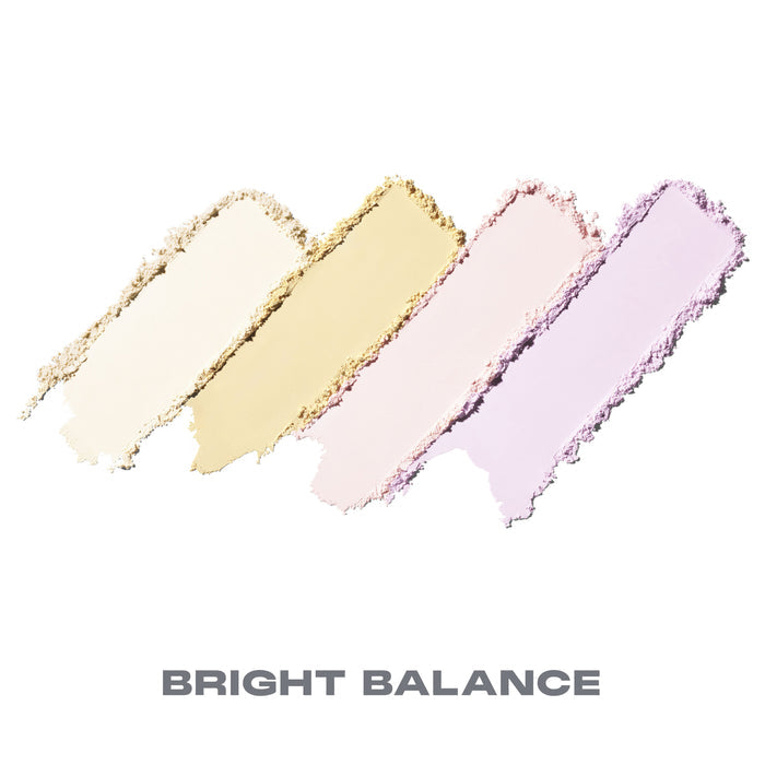 {Bright Balance}  Morphe Bake & Set Loose Powder Quad in Bright Balance shade: Four swatches of different pastel shades with 'BRIGHT BALANCE' text on a white background