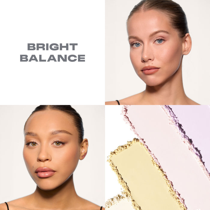 {Bright Balance}  Two women wearing Morphe Bake & Set Loose Powder Quad with different skin tones and a makeup product swatch labeled 'Bright Balance'.