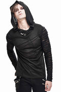 Person wearing a black hooded outfit with sheer sleeves on a white background