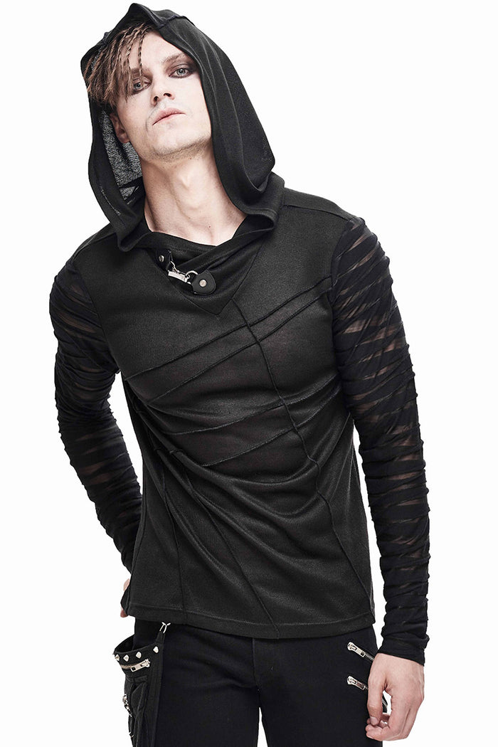 Person wearing a black hooded outfit with sheer sleeves on a white background