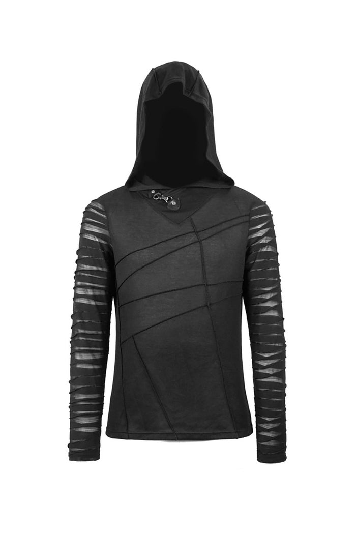 black hooded long sleeve shredded shirt for men