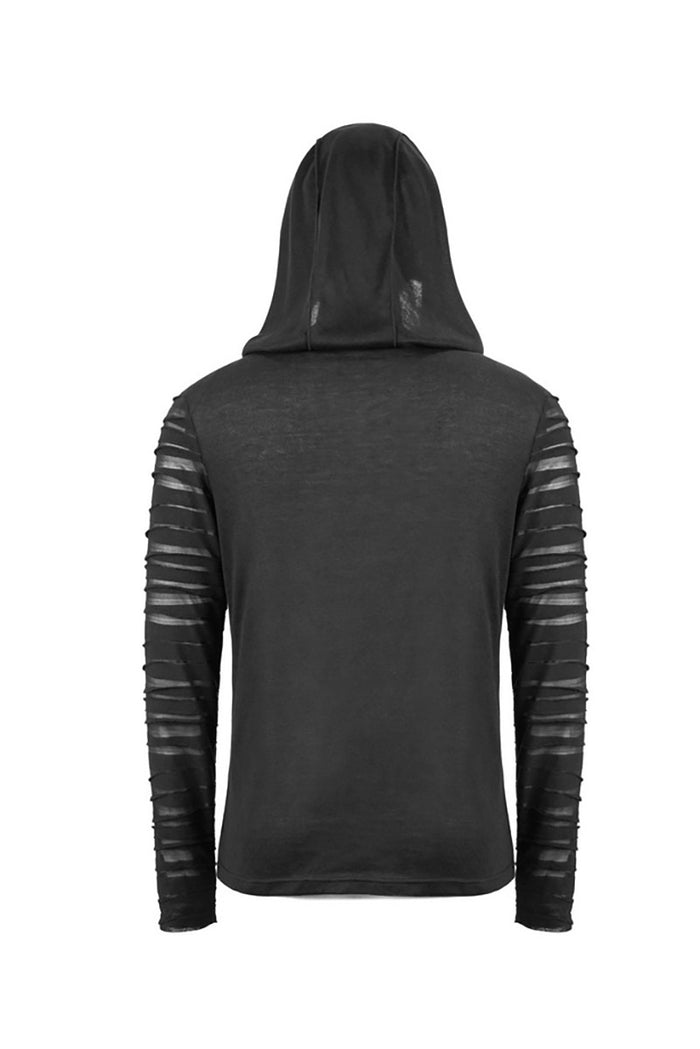 grunge goth black hooded long sleeve shredded shirt for men