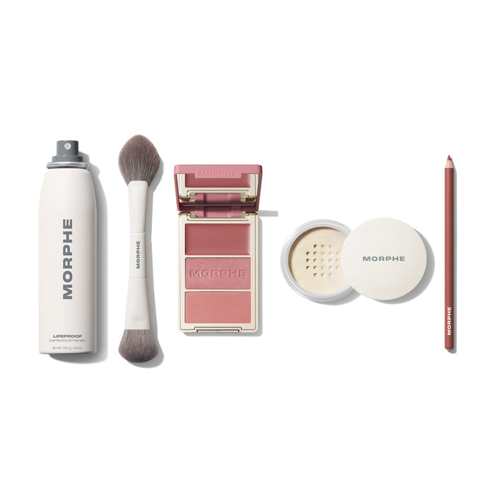 Morphe Beauty Starter Bundle featuring five best-selling essentials: Lifeproof 16-HR Wear Continuous Setting Mist (mini), M200 Dual-Ended Cream & Powder Blush Brush, Cheek Thrills Multi-Finish Face Trio, Bake & Set Translucent Setting Powder, and a Signature Lip Pencil.