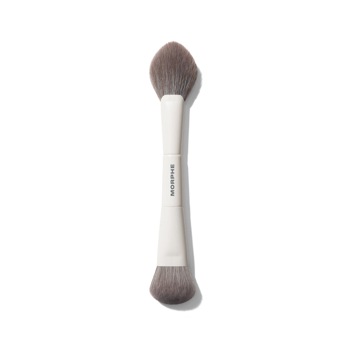 Morphe M200 Dual-Ended Cream & Powder Blush Brush from the Ultimate Brush Set, white handle printed with MORPHE, fluffy rounded bristles on both ends.