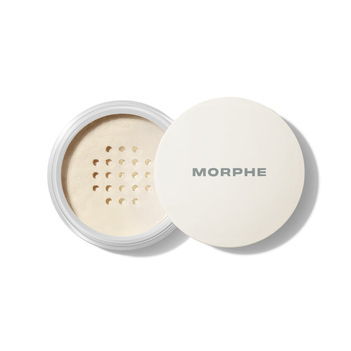 Open Morphe Bake & Set Setting Powder jar in Translucent shade with cream loose powder and sifter, MORPHE on lid.