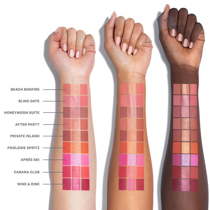 Cheek Thrills Multi Finish Face Trio arm swatches on three skin tones, nine shades labeled Beach Bonfire, Blind Date, Honeymoon Suite, After Party, Private Island, Poolside Spritz, Après Ski, Cabana Club, and Wine & Dine.