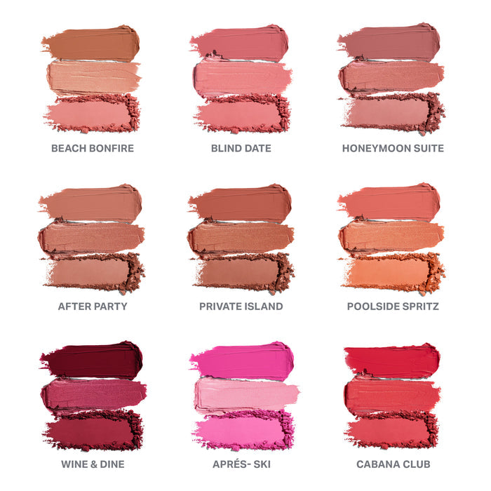 Cheek Thrills Multi-Finish Face Trio shade smear swatches: BEACH BONFIRE, BLIND DATE, HONEYMOON SUITE, AFTER PARTY, PRIVATE ISLAND, POOLSIDE SPRITZ, WINE & DINE, APRÉS- SKI, and CABANA CLUB.