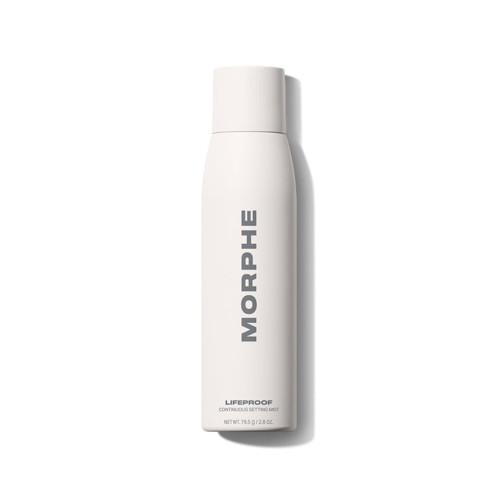 {Regular - 2.8 Oz} Morphe Lifeproof 16 Hr Wear Continuous Setting Mist spray can labeled MORPHE LIFEPROOF CONTINUOUS SETTING MIST NET WT. 79.5 g / 2.8 OZ.