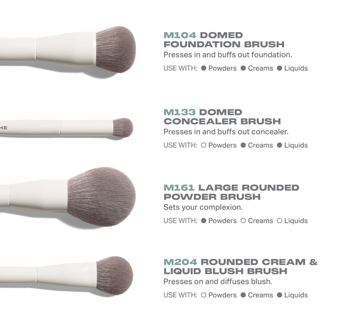 Best Of Blends 8 Piece Face Eye Brush Set infographic showing M104 Domed Foundation Brush, M133 Domed Concealer Brush, M161 Large Rounded Powder Brush, and M204 Rounded Cream & Liquid Blush Brush with use-with indicators for Powders, Creams, and Liquids.