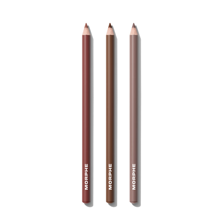 Three MORPHE Best Selling Signature Lip Bundle Deep lip pencils in shades Rock Steady, Sugar Pie, and Trendsetter displayed upright on a white background.