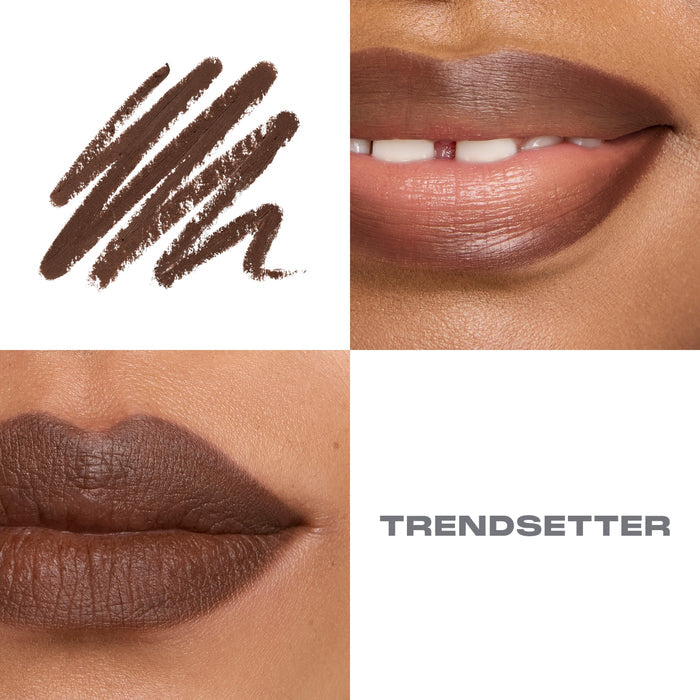 {Trendsetter} Morphe Signature Lip Pencil in Trendsetter — deep chocolate brown shade swatch and two lip macro close-ups labeled TRENDSETTER.