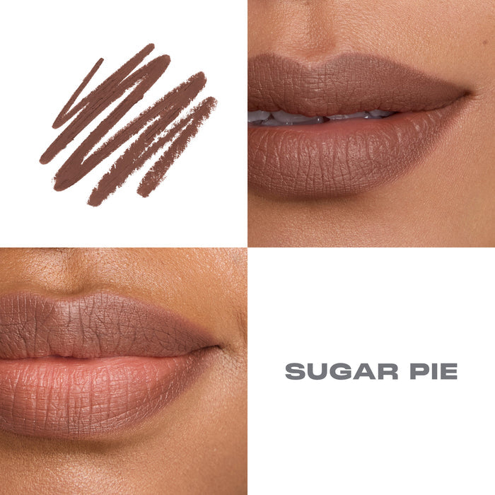 {Sugar Pie} Morphe Signature Lip Pencil in Sugar Pie shown as a swatch and worn on two models' lips, with text reading "SUGAR PIE."