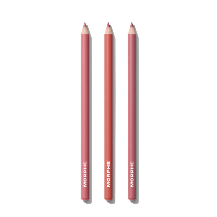 Best Selling Signature Lip Bundle Light featuring three MORPHE lip pencils in shades Bubble Bath, Dearest, and Girl Talk.