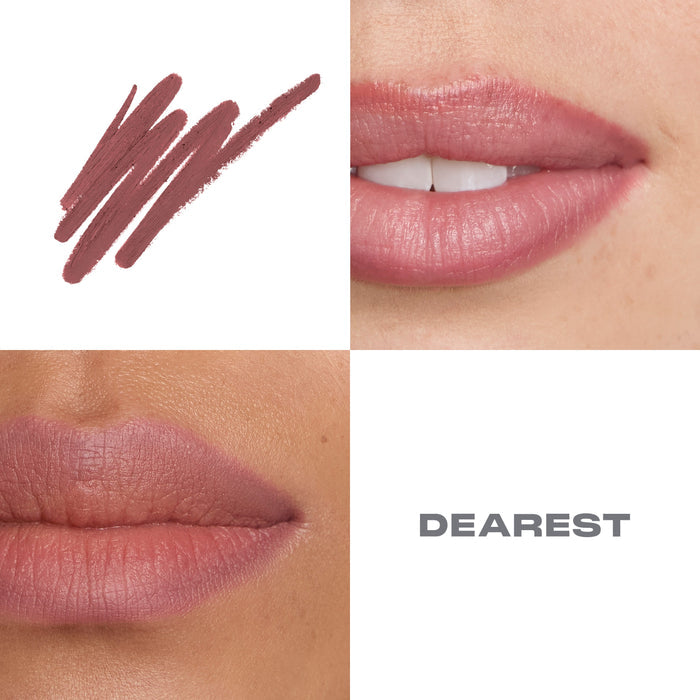 {Dearest} Morphe Signature Lip Pencil in Dearest — mauve-rose swatch and lip macro shots on two skin tones with shade name "DEAREST."