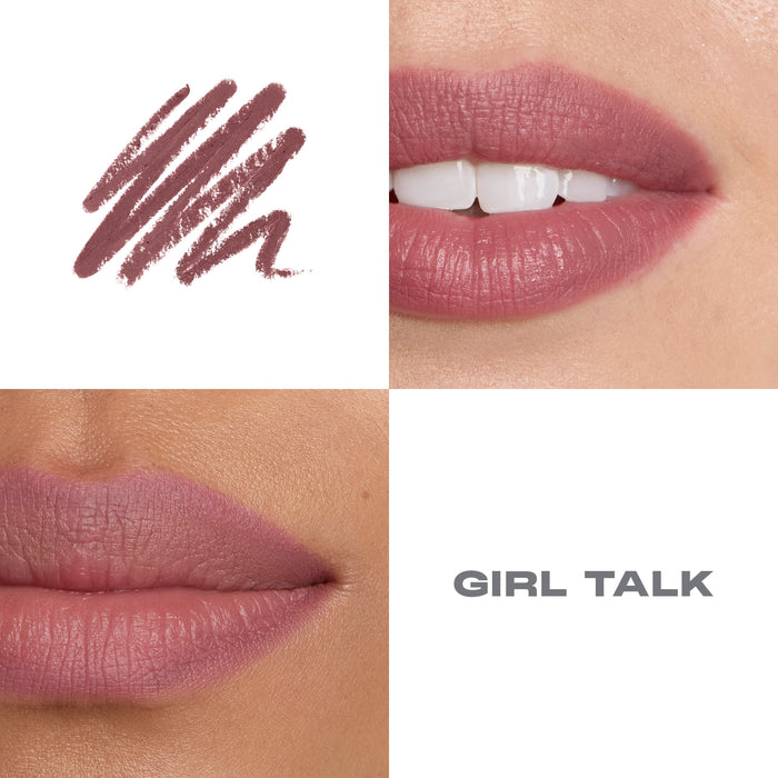 {Girl Talk} Signature Lip Pencil shade macro grid showing a mauve-pink swatch and two close-up lip shots labeled GIRL TALK.