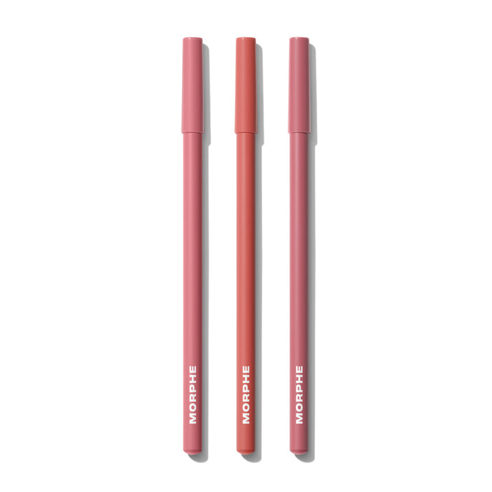 Best Selling Signature Lip Bundle Light — three closed MORPHE lip pencils in shades Bubble Bath, Dearest, and Girl Talk.