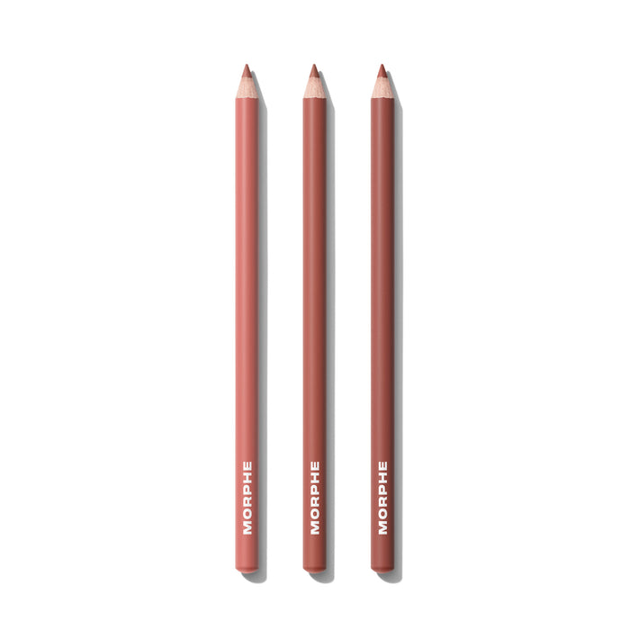Three MORPHE lip pencils in medium nude-pink shades from the Best Selling Signature Lip Bundle Medium, each labeled MORPHE, displayed on a white background.
