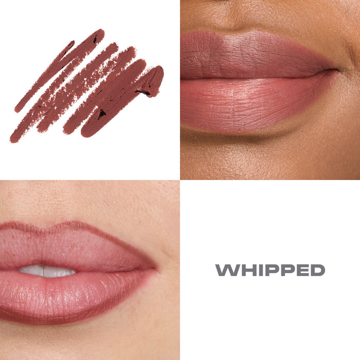 {Whipped} Signature Lip Pencil in Whipped shown as a swatch and on two models' lips in this muted mauve-rose shade.