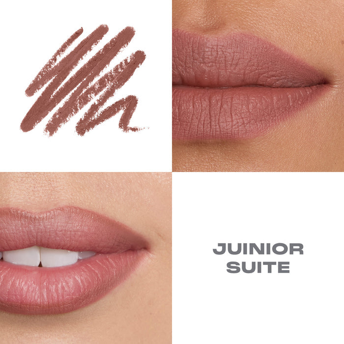 {Junior Suite} Morphe Signature Lip Pencil macro collage showing mauve-nude color swatch and two close-up lip shots, labeled "JUINIOR SUITE."