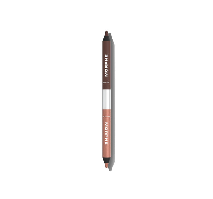 {Rhyme Or Reason (Light Brown/Shimmer Rose Gold)} Morphe Bi Liner Dual Ended Gel Liners pencil with dark brown RHYME end and shimmer rose gold REASON end, separated by silver ferrule, labeled MORPHE on both barrels.