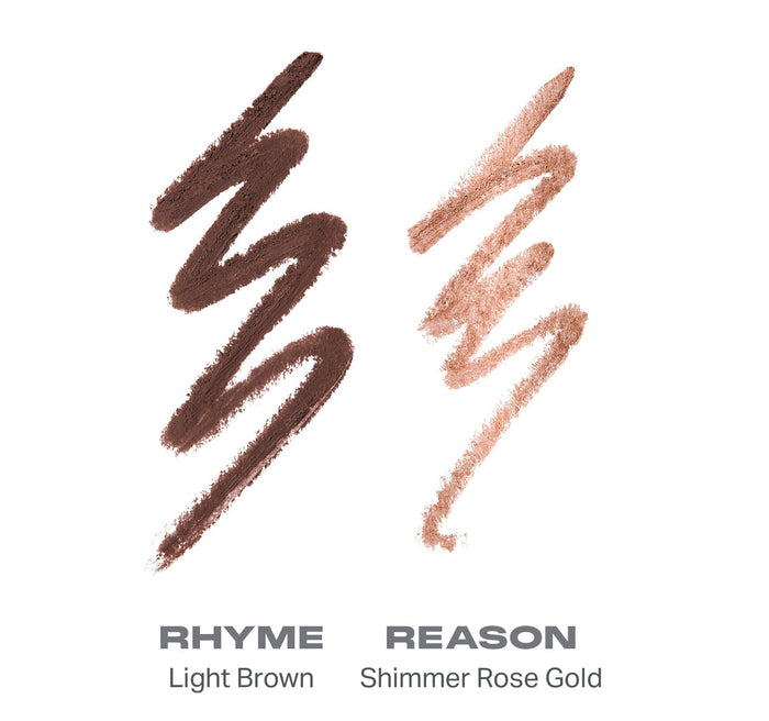{Rhyme Or Reason (Light Brown/Shimmer Rose Gold)} Morphe Bi Liner Dual Ended Gel Liners swatch comparison showing RHYME Light Brown and REASON Shimmer Rose Gold finishes.