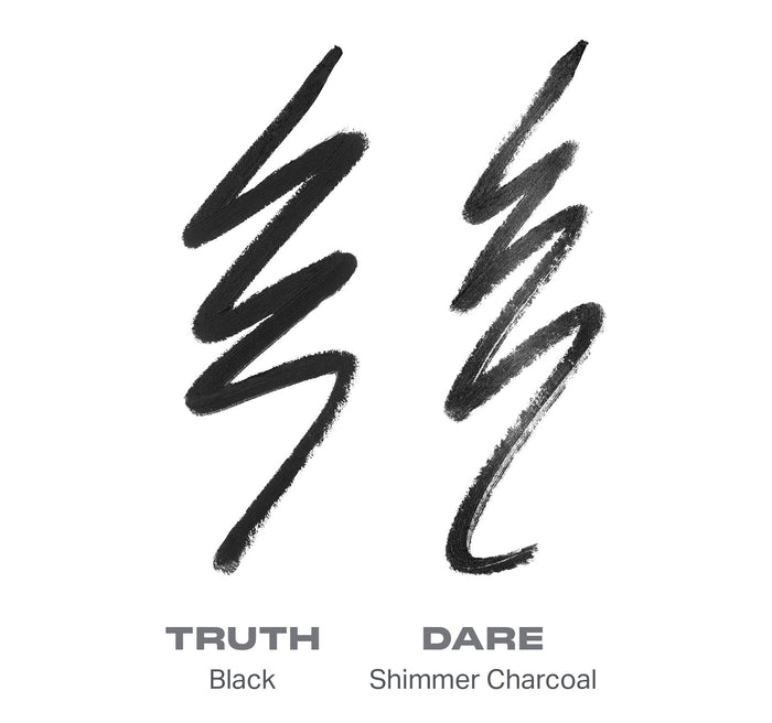 {Truth Or Dare (Black/Shimmer Charcoal)} Swatch comparison of Morphe Bi-Liner Dual-Ended Gel Liners showing TRUTH Black and DARE Shimmer Charcoal as zigzag strokes side by side.
