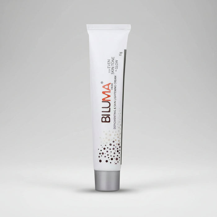 A tube of Biluma depigmenting and skin lightening cream with white and red text on a plain background.
