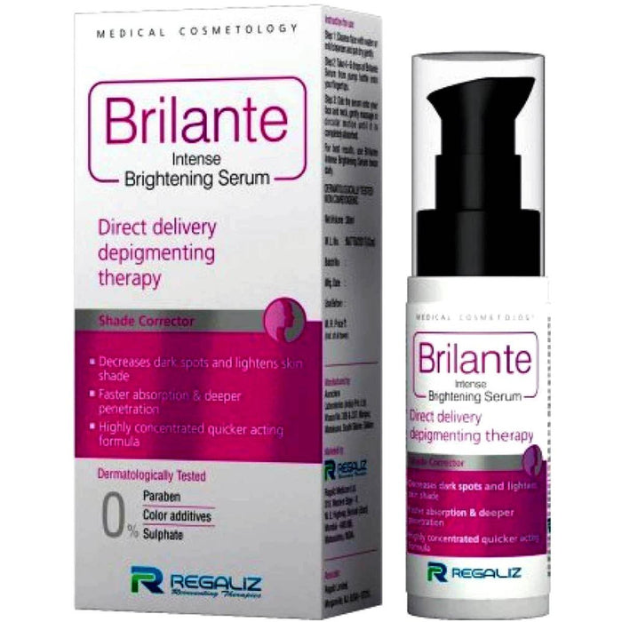 Packaging and bottle of Brilante Intense Brightening Serum, 50ml, with text highlighting its benefits and dermatological testing.