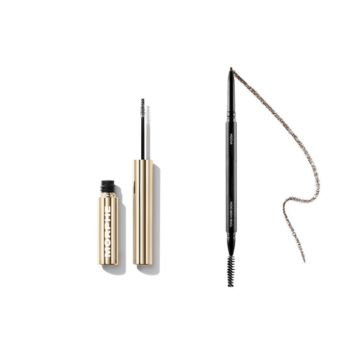 Morphe Brow Essentials Bundle with MORPHE brow gel and Micro Brow Pencil in Mocha with a taupe brow swatch.