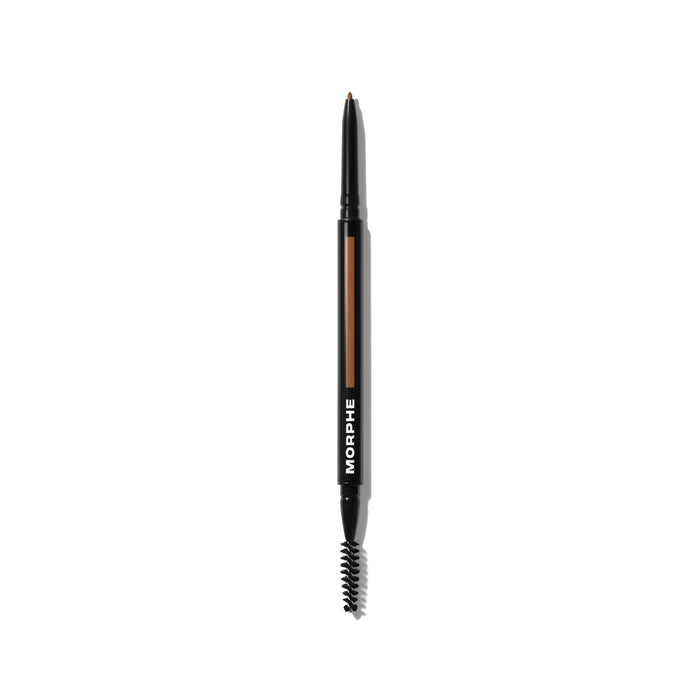 {Almond (warm brown)} Morphe Micro Brow Dual Ended Pencil & Spoolie in Almond, black barrel with warm brown shade swatch and spoolie end, labeled MORPHE.