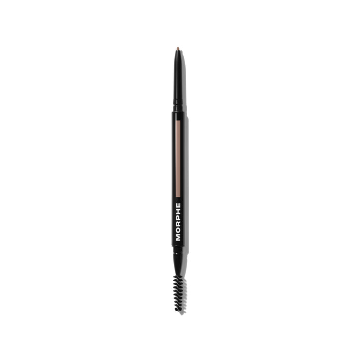 {Biscotti (light taupe)} Morphe Micro Brow Dual-Ended Pencil & Spoolie in black barrel with taupe shade window, MORPHE text, and spoolie tip.