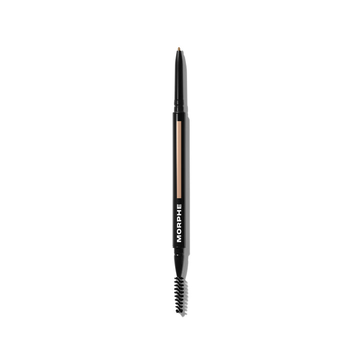 {Macadamia (light blonde)} Morphe Micro Brow Dual-Ended Pencil & Spoolie in a black barrel with nude window, micro pencil tip, and spoolie end, printed MORPHE.