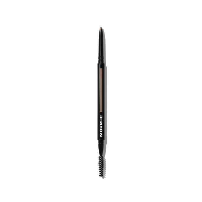 {Hazelnut (taupe)} Morphe Micro Brow Dual-Ended Pencil & Spoolie in Hazelnut taupe with fine pencil tip, MORPHE-labeled barrel, and spoolie brush on white background.